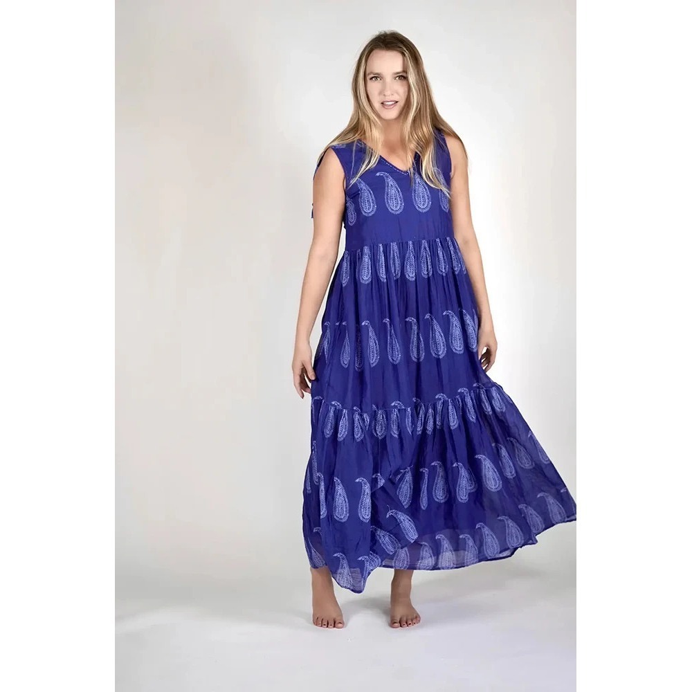 Dolma Asmara Maxi Dress Blue Paisley Cotton Artisan Boho Resort & Cruise Wear M